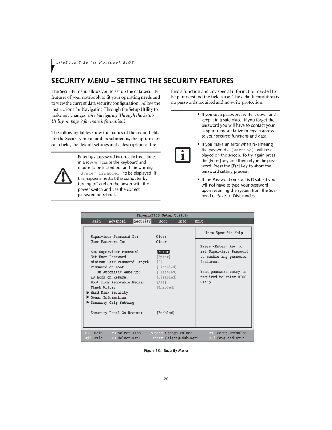 Fujitsu S7020D manual Security Menu Setting the Security Features, Info Exit 