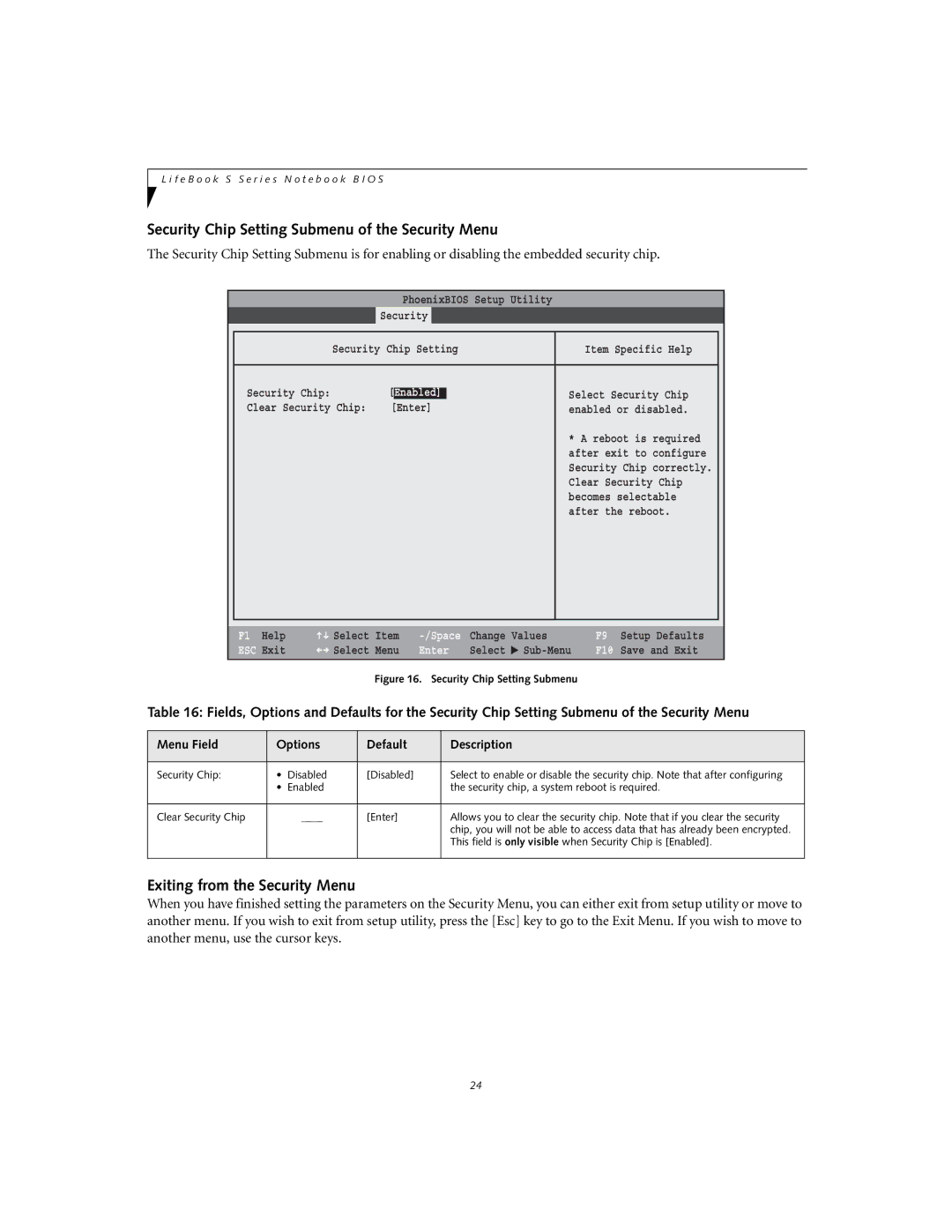 Fujitsu S7020D manual Security Chip Setting Submenu of the Security Menu, Exiting from the Security Menu 