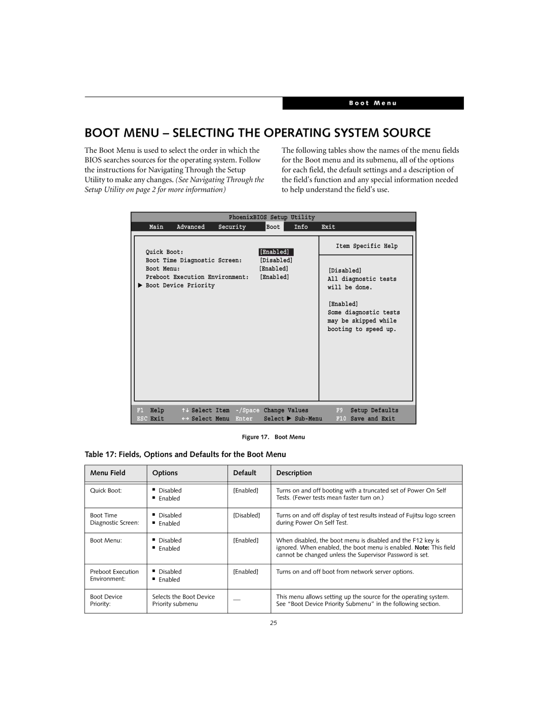 Fujitsu S7020D manual Boot Menu Selecting the Operating System Source, Fields, Options and Defaults for the Boot Menu 