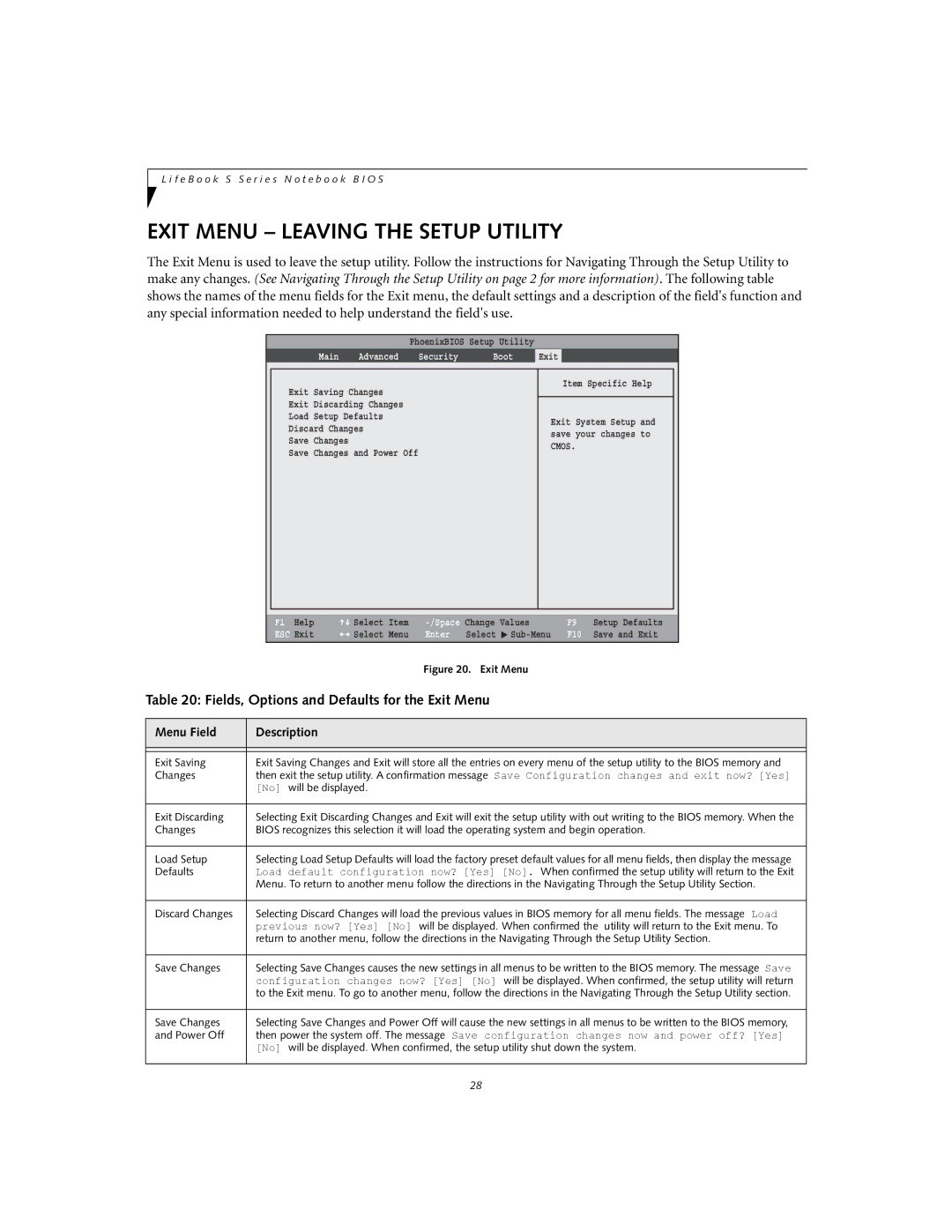 Fujitsu S7020D manual Exit Menu Leaving the Setup Utility, Fields, Options and Defaults for the Exit Menu 