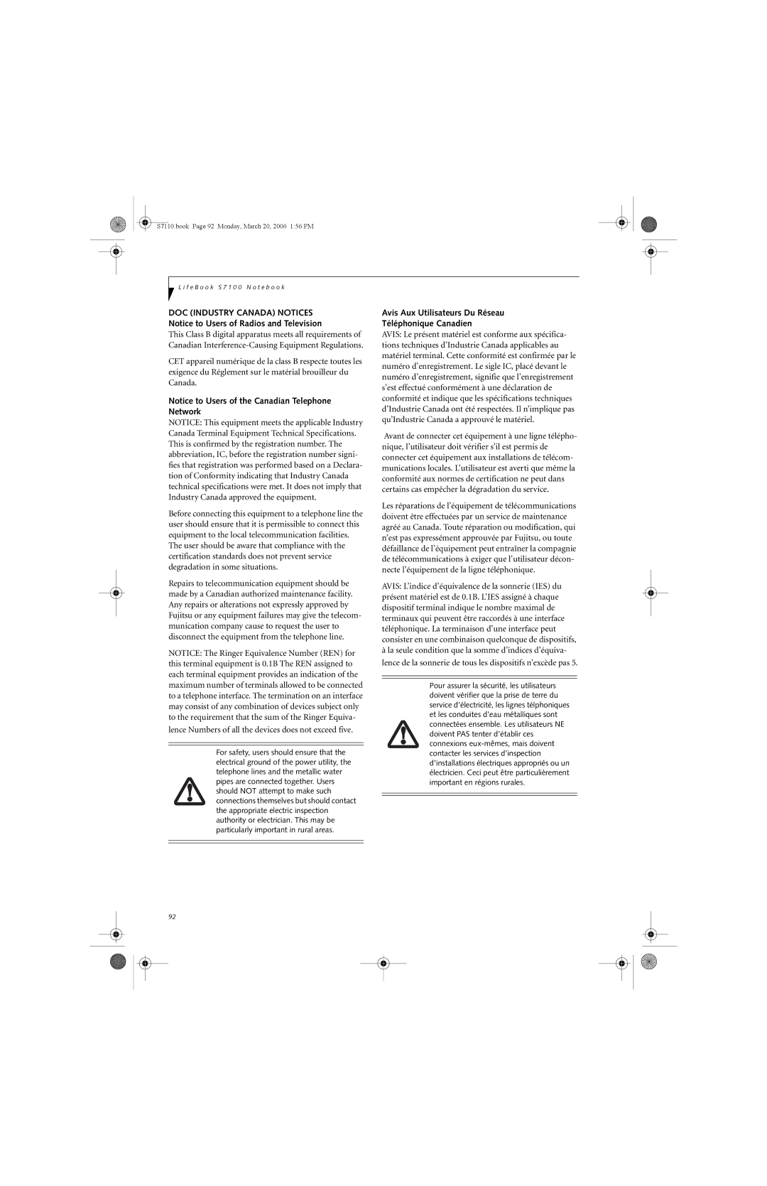 Fujitsu S7100 manual Avis Aux Utilisateurs Du Réseau Téléphonique Canadien 