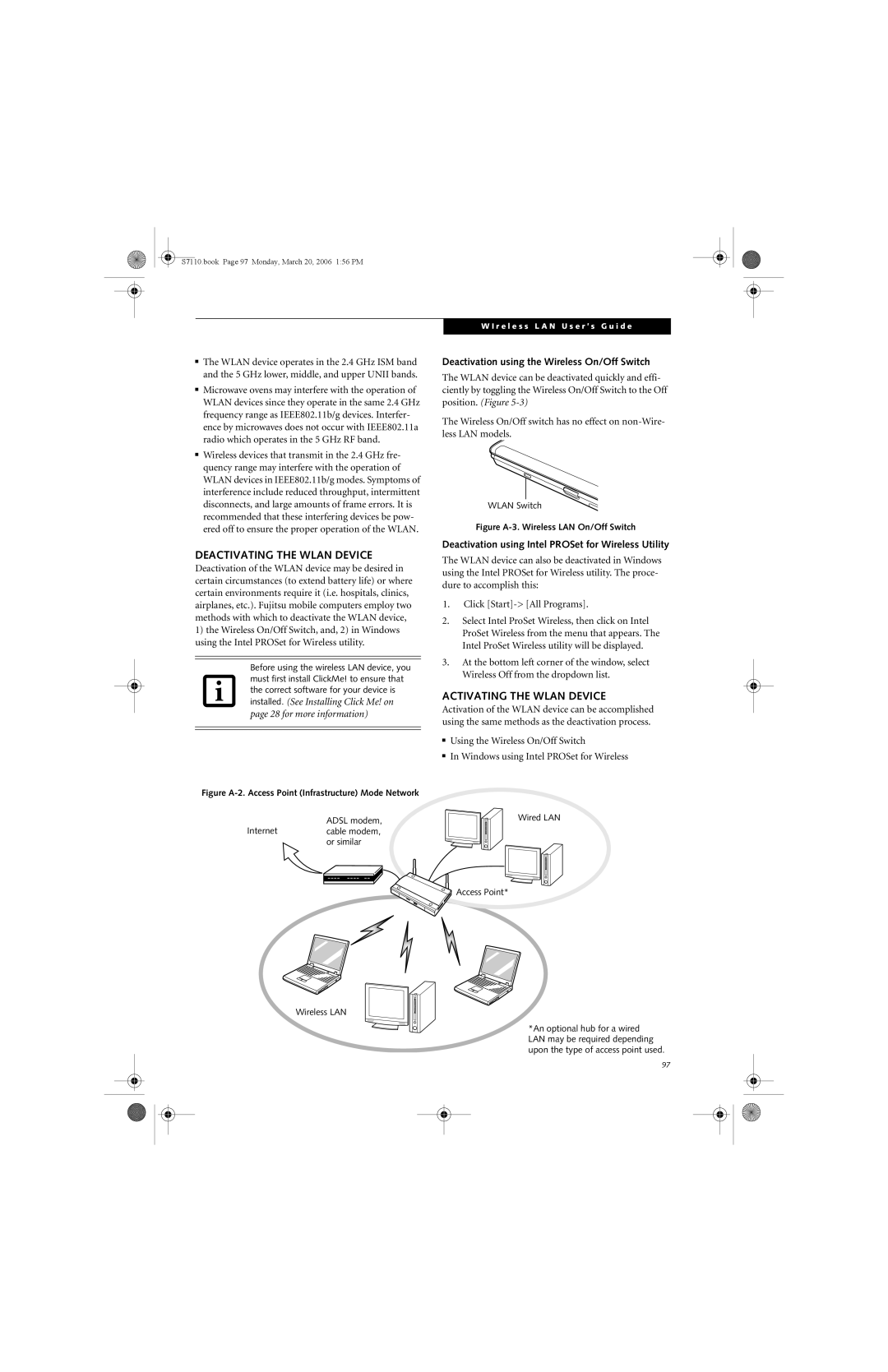 Fujitsu S7100 Deactivating the Wlan Device, Activating the Wlan Device, Deactivation using the Wireless On/Off Switch 