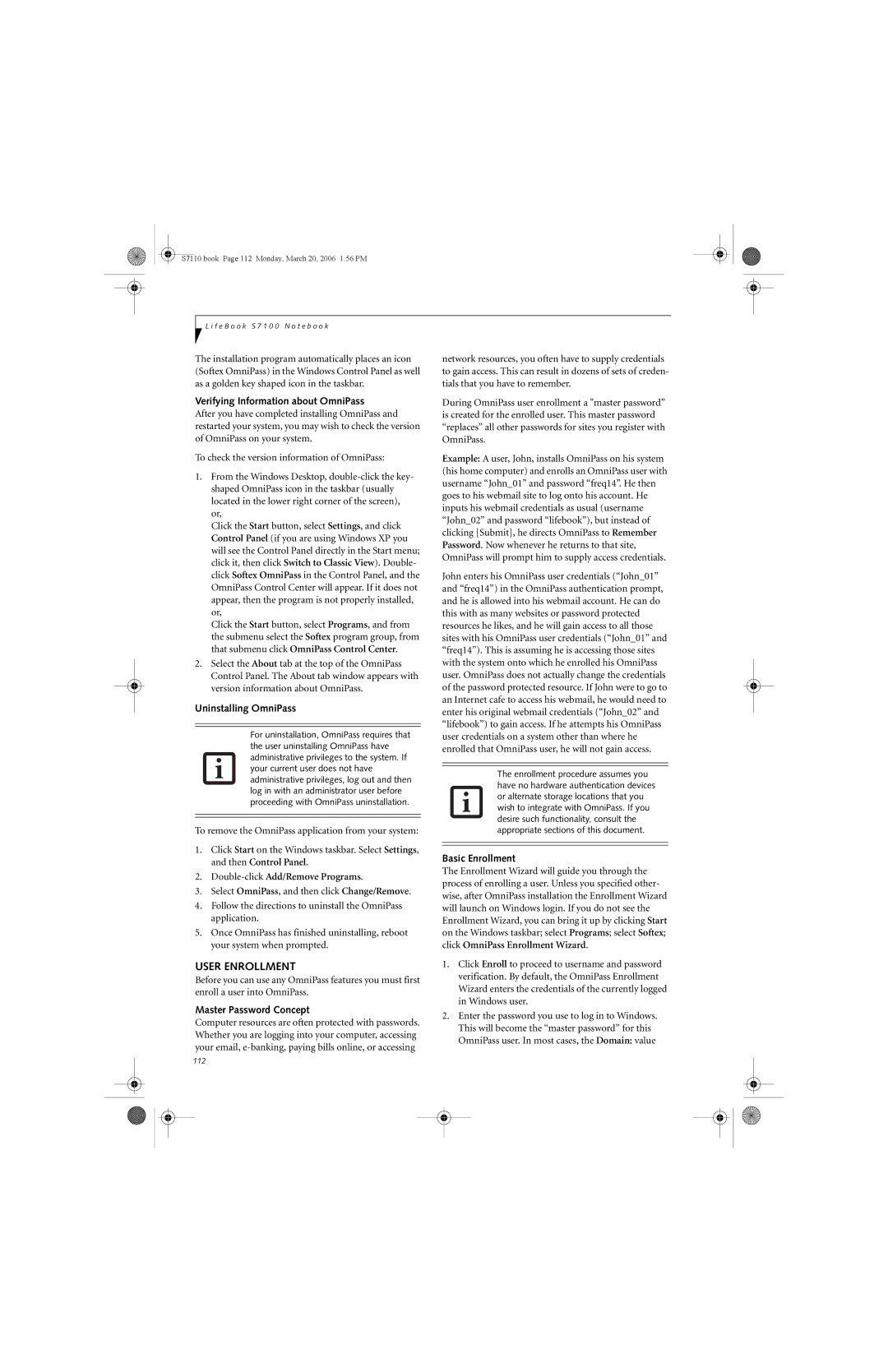 Fujitsu S7100 manual User Enrollment, Verifying Information about OmniPass, Uninstalling OmniPass, Master Password Concept 