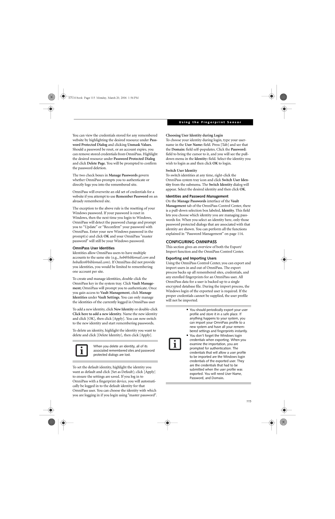 Fujitsu S7100 manual Configuring Omnipass, OmniPass User Identities, Identities and Password Management 