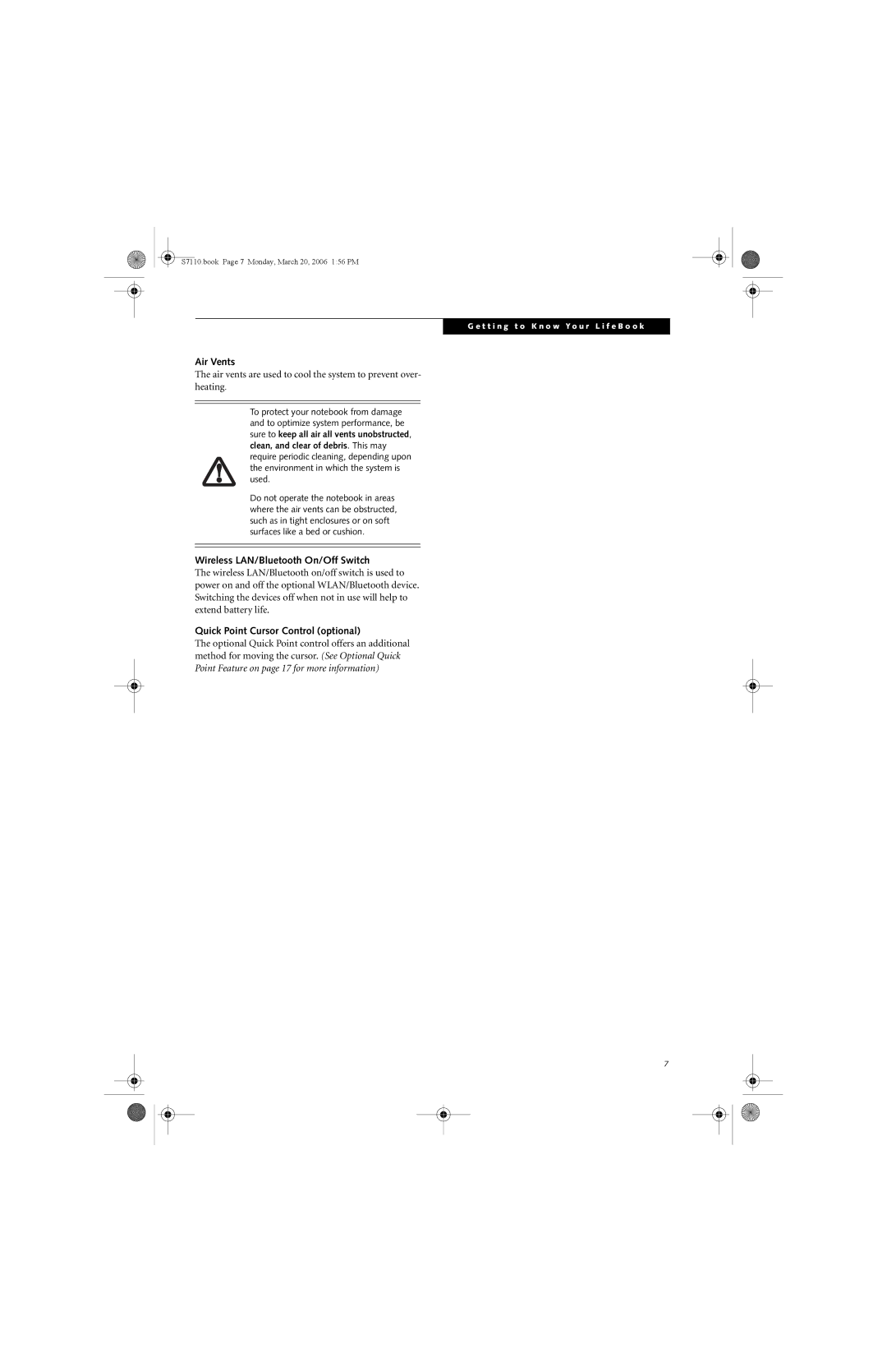 Fujitsu S7100 manual Air Vents, Wireless LAN/Bluetooth On/Off Switch, Quick Point Cursor Control optional 