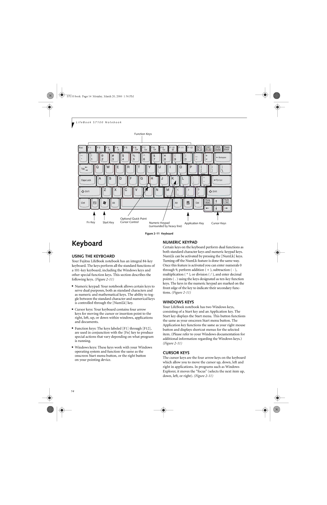 Fujitsu S7100 manual Using the Keyboard, Numeric Keypad, Windows Keys, Cursor Keys 