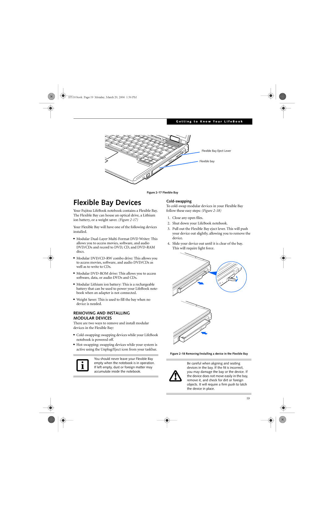 Fujitsu S7100 manual Flexible Bay Devices, Removing and Installing Modular Devices, Cold-swapping 