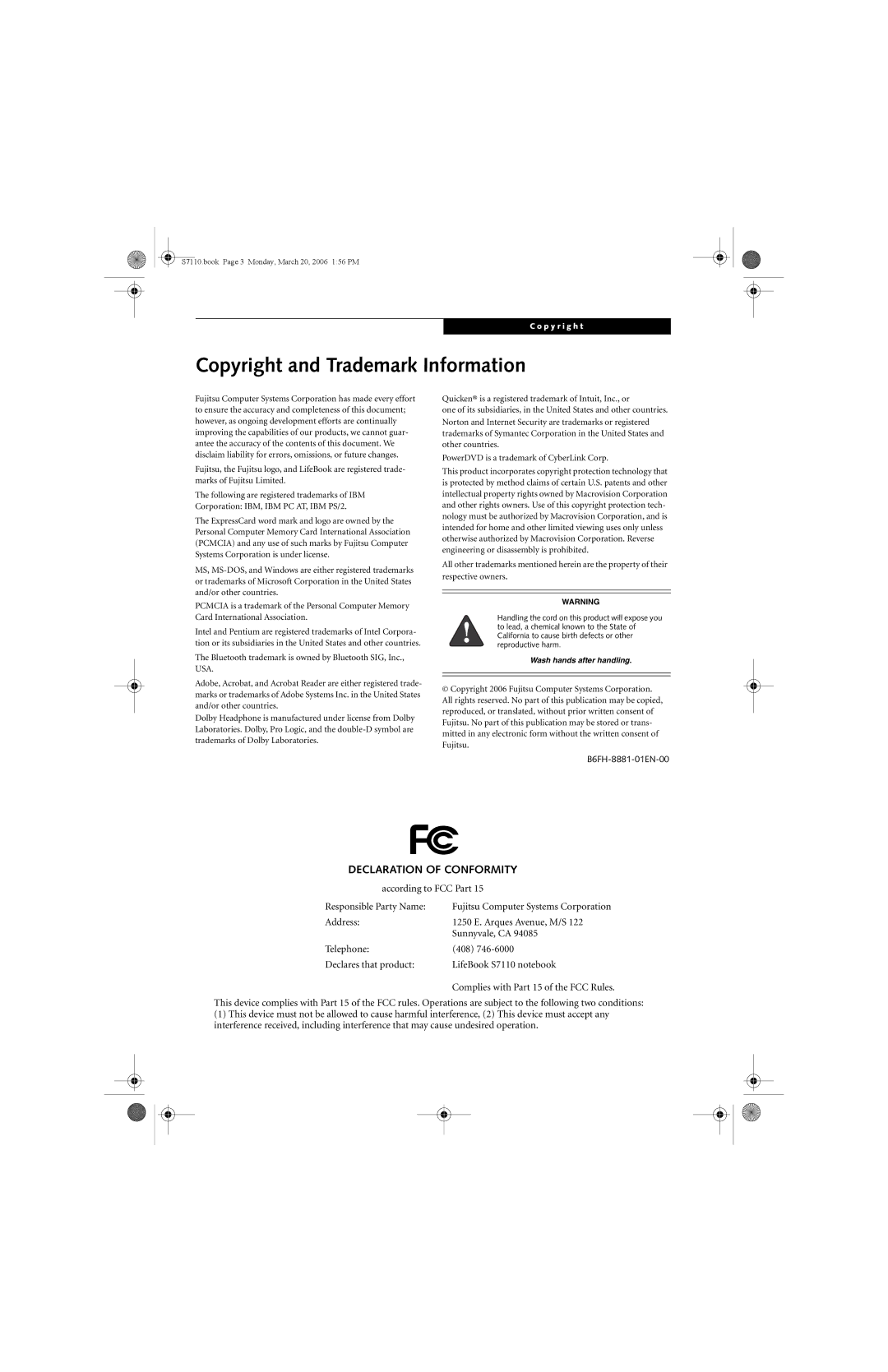 Fujitsu S7100 manual Copyright and Trademark Information, Declaration of Conformity 