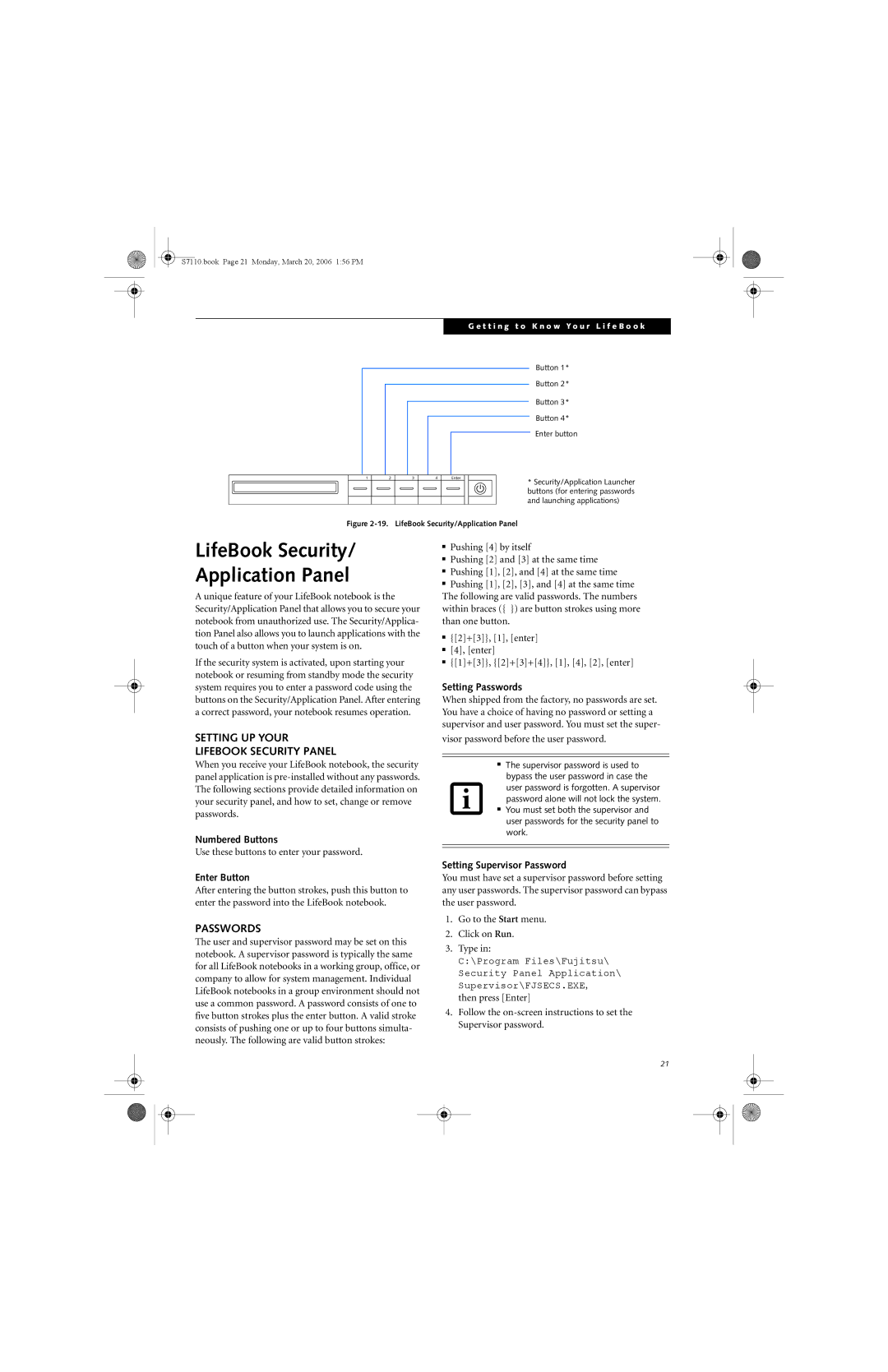 Fujitsu S7100 manual LifeBook Security Application Panel, Setting UP Your Lifebook Security Panel, Passwords 