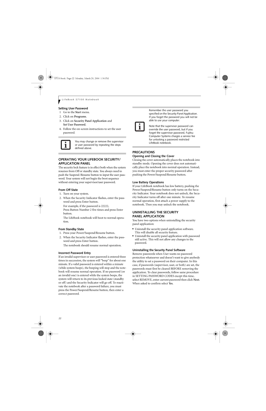 Fujitsu S7100 manual Operating Your Lifebook SECURITY/ Application Panel, Precautions 