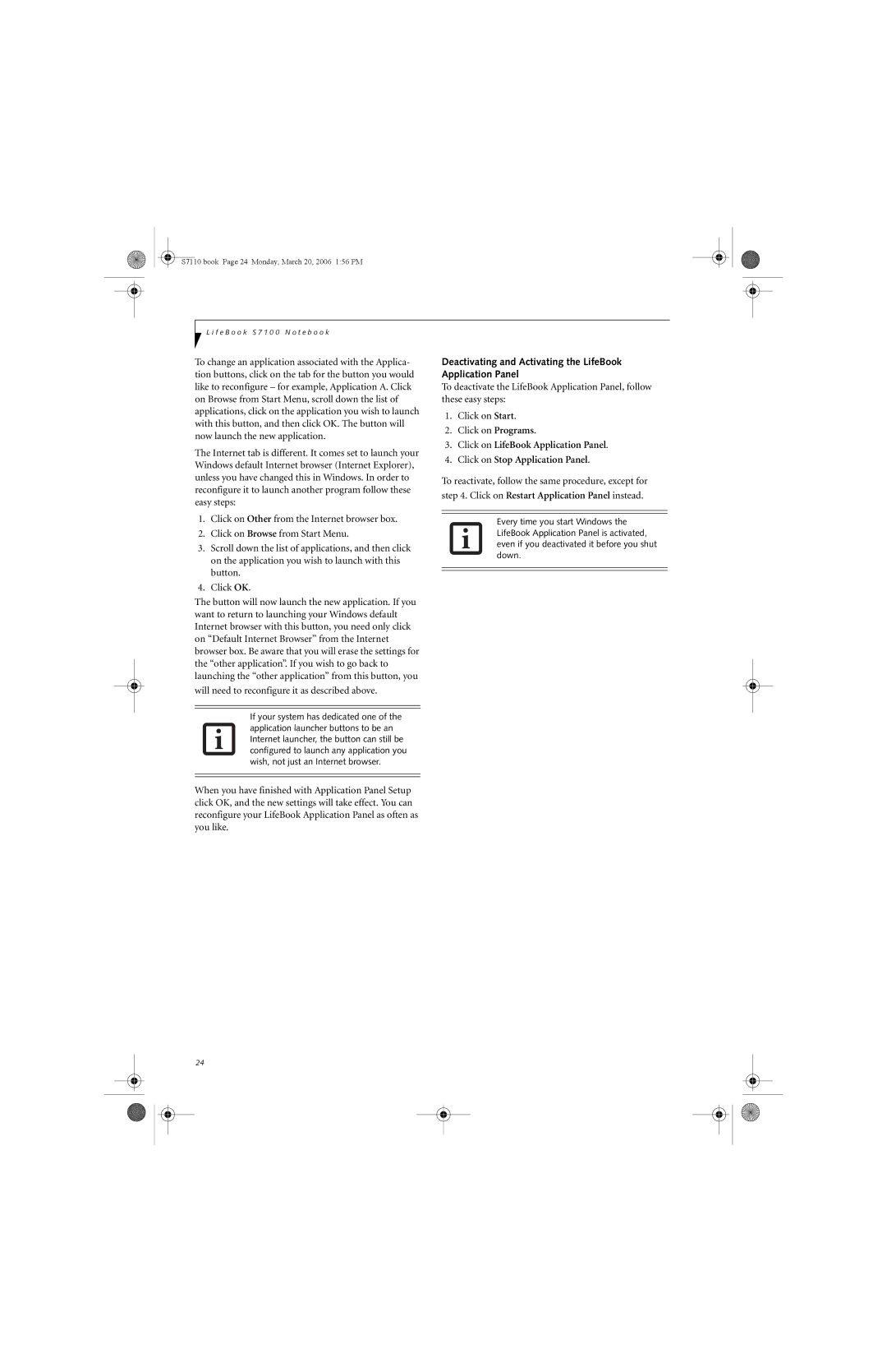 Fujitsu S7100 manual Deactivating and Activating the LifeBook Application Panel 