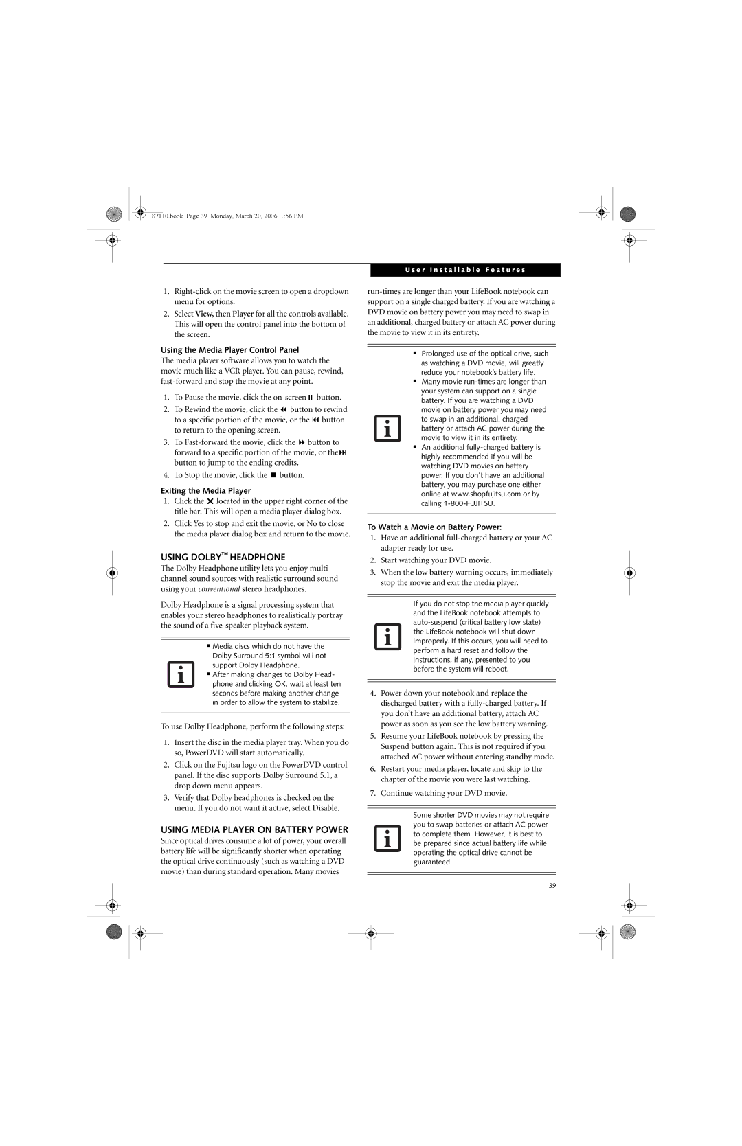 Fujitsu S7100 manual Using Dolby Headphone, Using Media Player on Battery Power, Using the Media Player Control Panel 