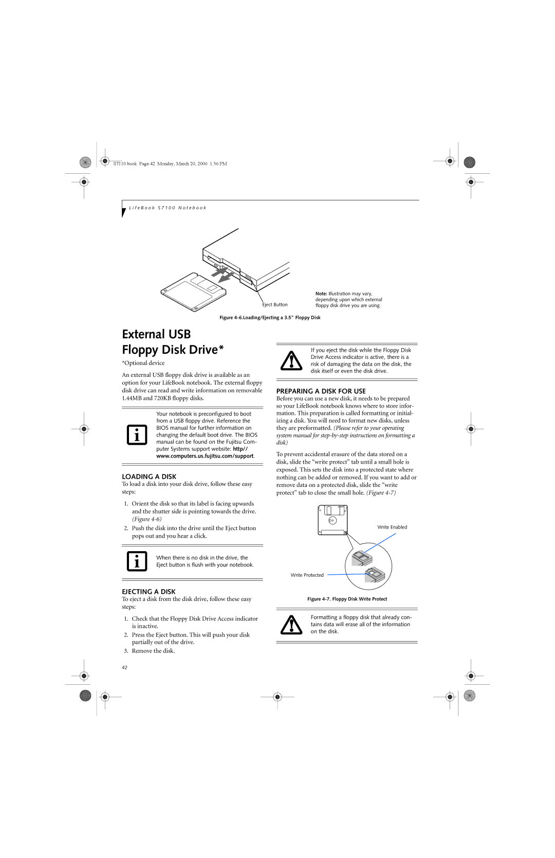 Fujitsu S7100 manual External USB Floppy Disk Drive, Loading a Disk, Ejecting a Disk, Preparing a Disk for USE 