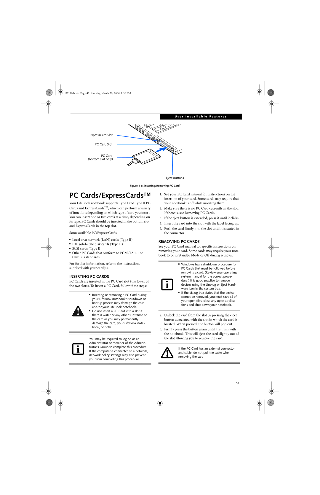 Fujitsu S7100 manual Inserting PC Cards, Removing PC Cards 