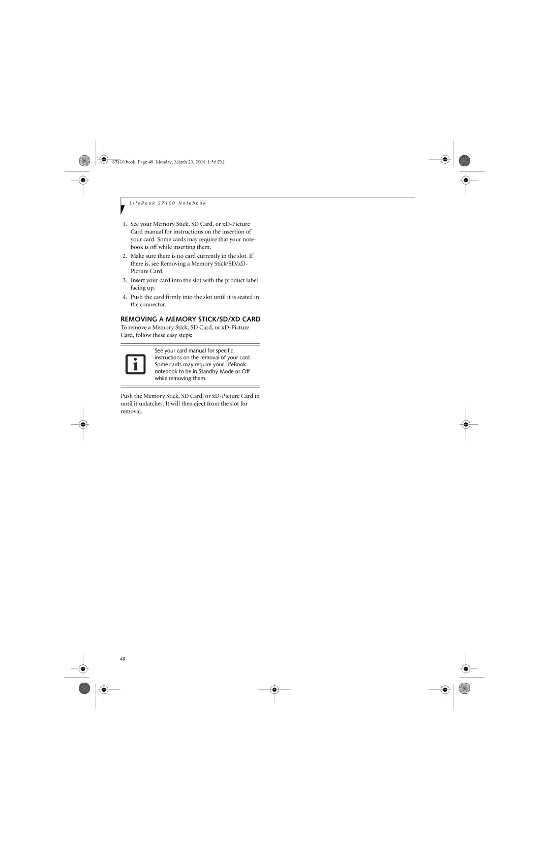 Fujitsu S7100 manual Removing a Memory STICK/SD/XD Card 