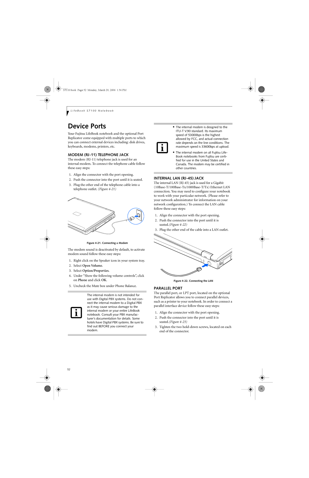 Fujitsu S7100 manual Device Ports, Modem RJ-11 Telephone Jack, Internal LAN RJ-45 Jack, Parallel Port 