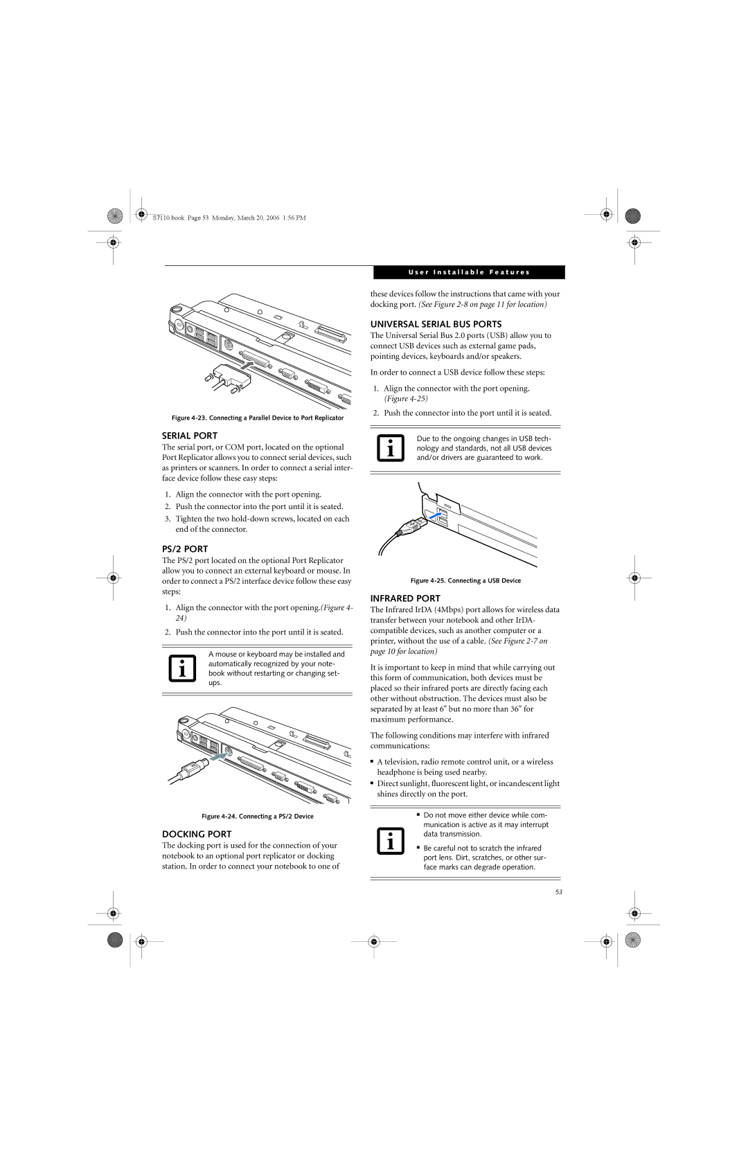 Fujitsu S7100 manual Serial Port, PS/2 Port, Docking Port, Universal Serial BUS Ports, Infrared Port 