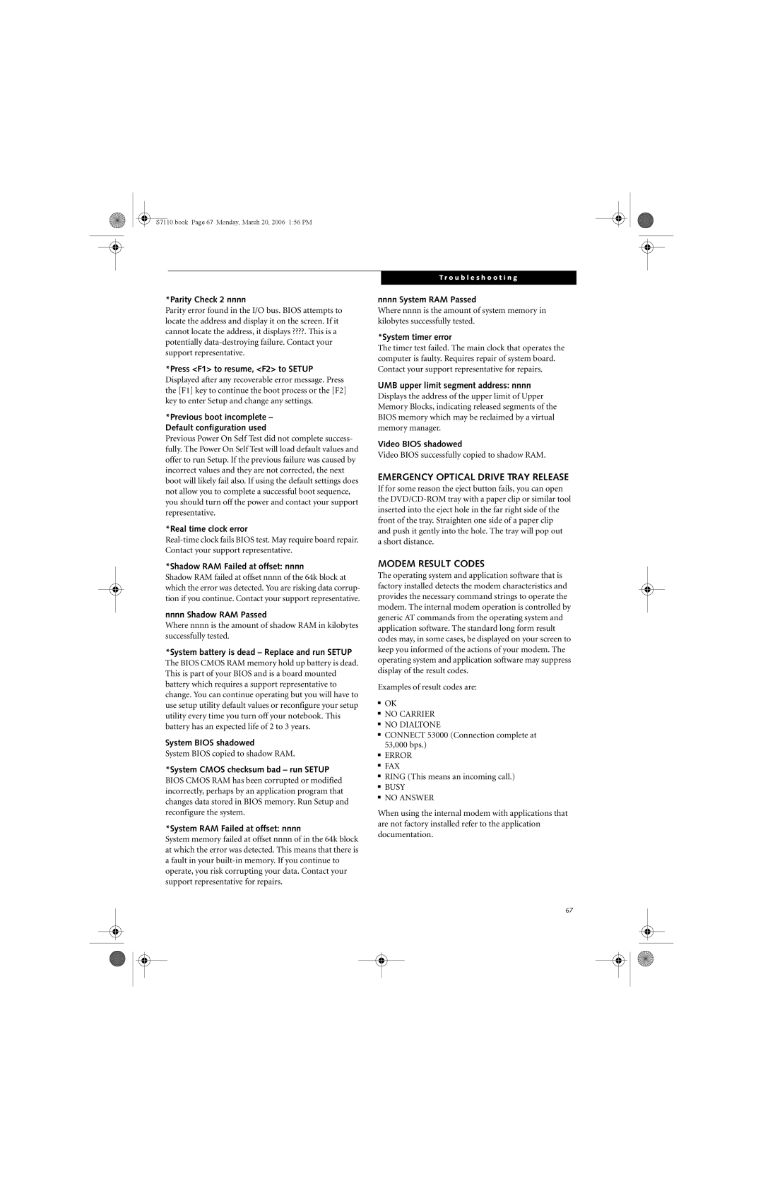 Fujitsu S7100 manual Modem Result Codes 