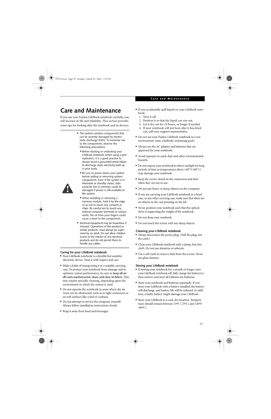 Fujitsu S7100 manual Care and Maintenance, Caring for your LifeBook notebook, Cleaning your LifeBook notebook 