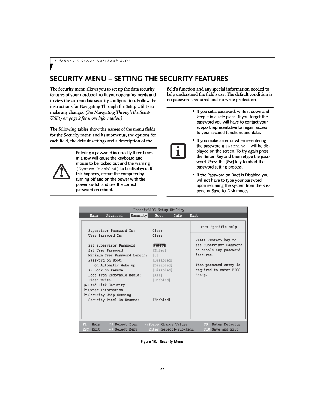 Fujitsu S7110 manual Security Menu - Setting The Security Features, Enter 