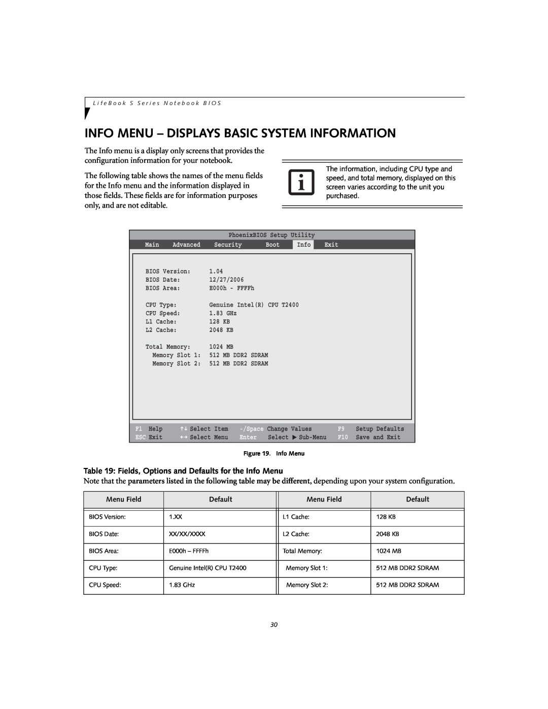Fujitsu S7110 manual Info Menu - Displays Basic System Information, Fields, Options and Defaults for the Info Menu 