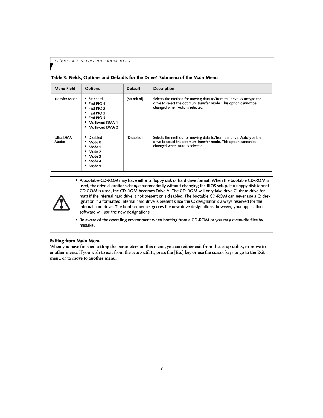 Fujitsu S7110 manual Exiting from Main Menu, Menu Field, Options, Default, Description 
