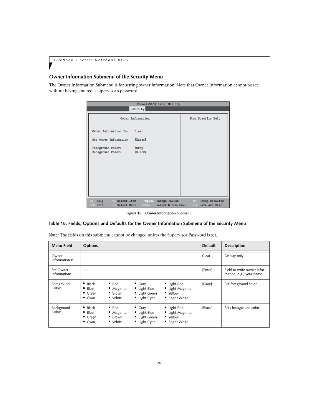 Fujitsu S7110 manual Owner Information Submenu of the Security Menu, Power Savings Exit 