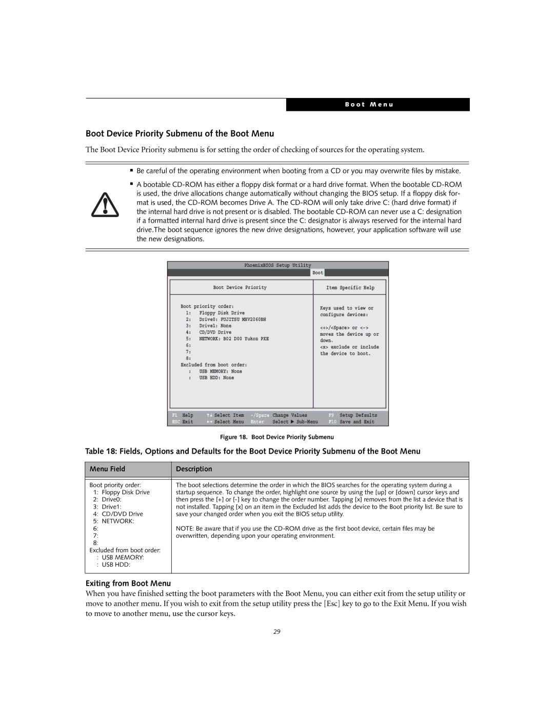 Fujitsu S7110 Boot Device Priority Submenu of the Boot Menu, Exiting from Boot Menu, Drive0, Excluded from boot order 