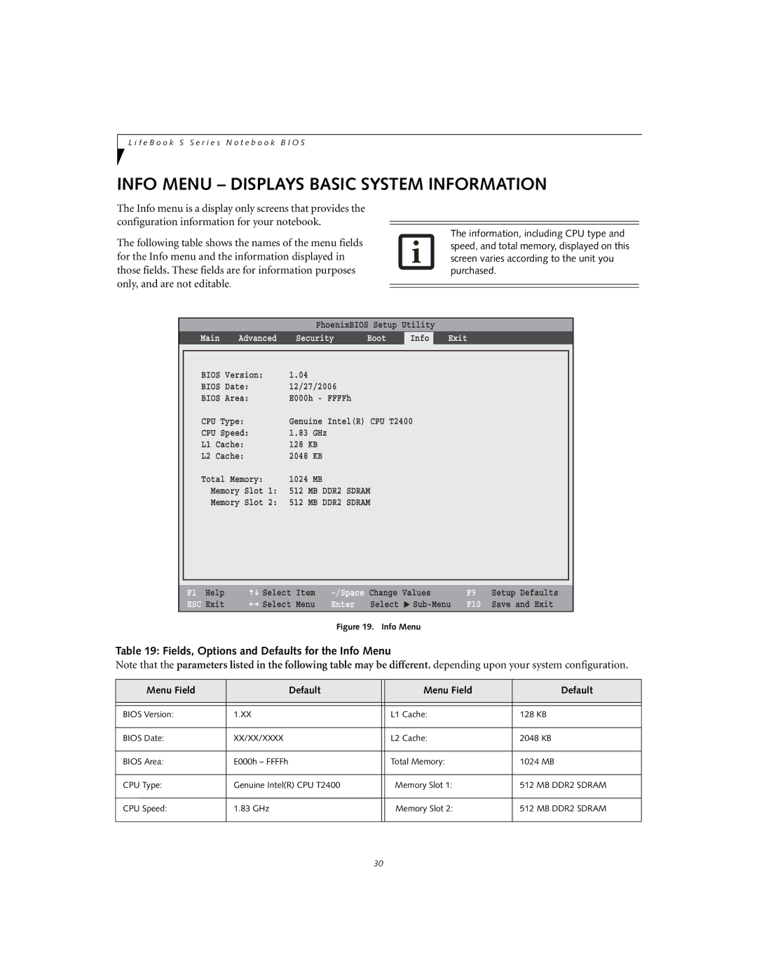 Fujitsu S7110 manual Info Menu Displays Basic System Information, Fields, Options and Defaults for the Info Menu 