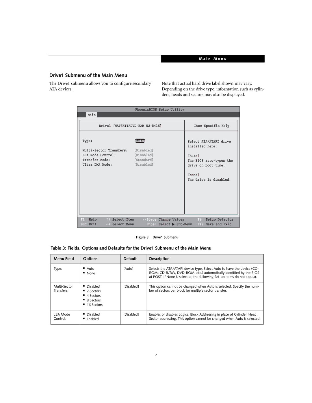 Fujitsu S7110 manual Drive1 Submenu of the Main Menu, Type Auto, Multi-Sector Disabled, Control Enabled 