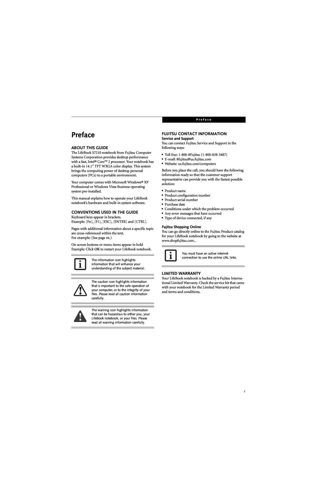 Fujitsu S7210 Preface, About This Guide, Conventions Used In The Guide, Fujitsu Contact Information, Limited Warranty 