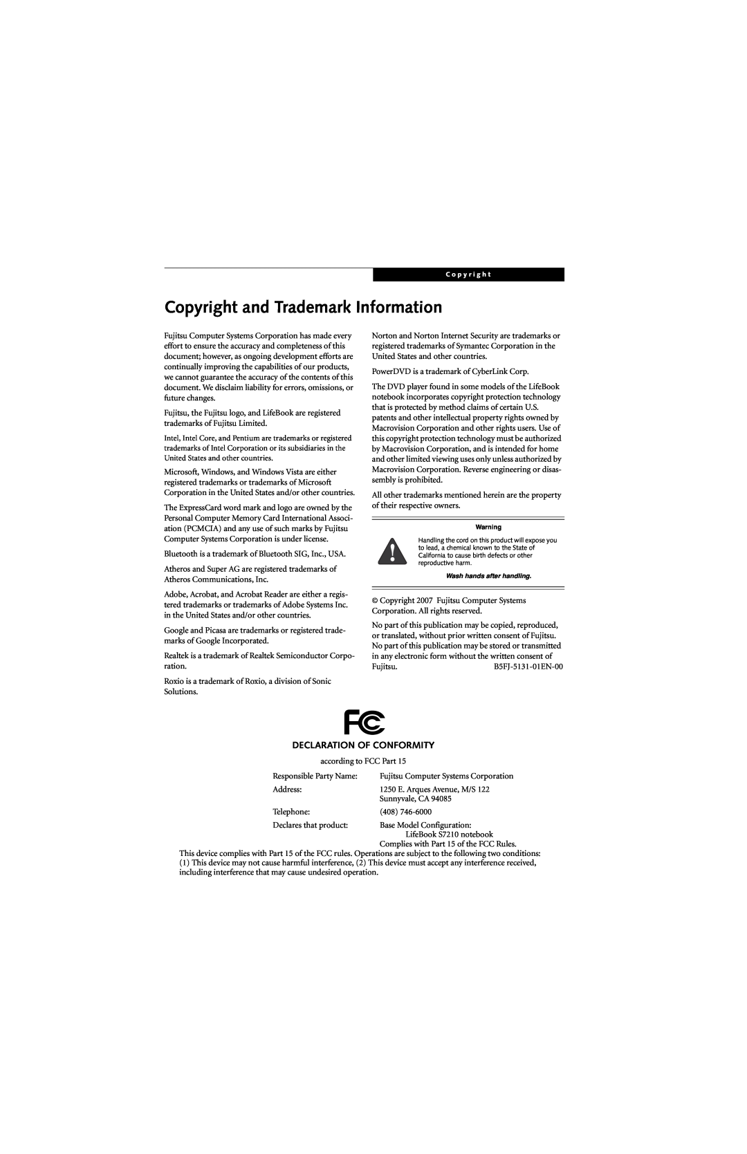 Fujitsu S7210 manual Copyright and Trademark Information, Declaration Of Conformity 