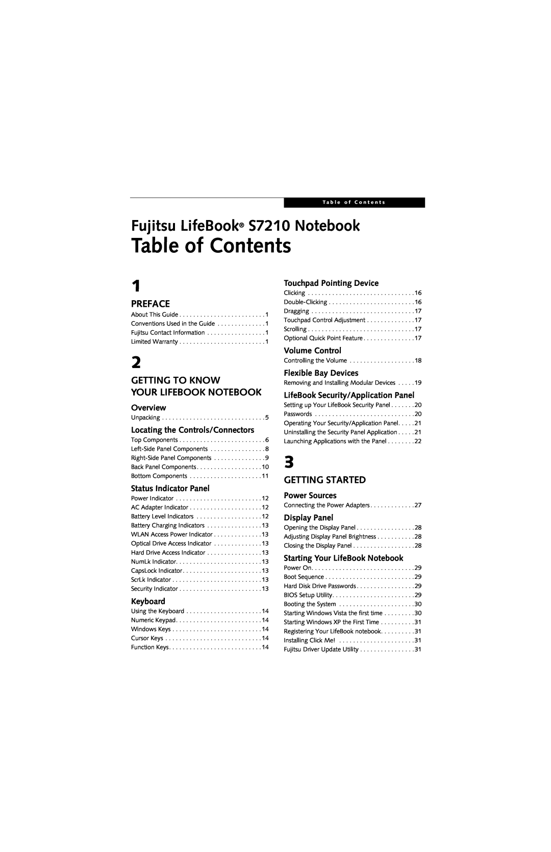 Fujitsu S7210 Table of Contents, Preface, Getting To Know Your Lifebook Notebook, Getting Started, Overview, Keyboard 