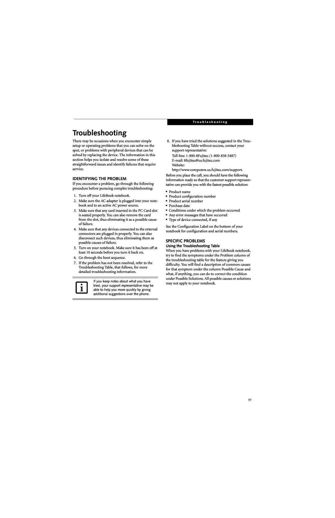 Fujitsu S7210 manual Identifying The Problem, Specific Problems, Using the Troubleshooting Table 