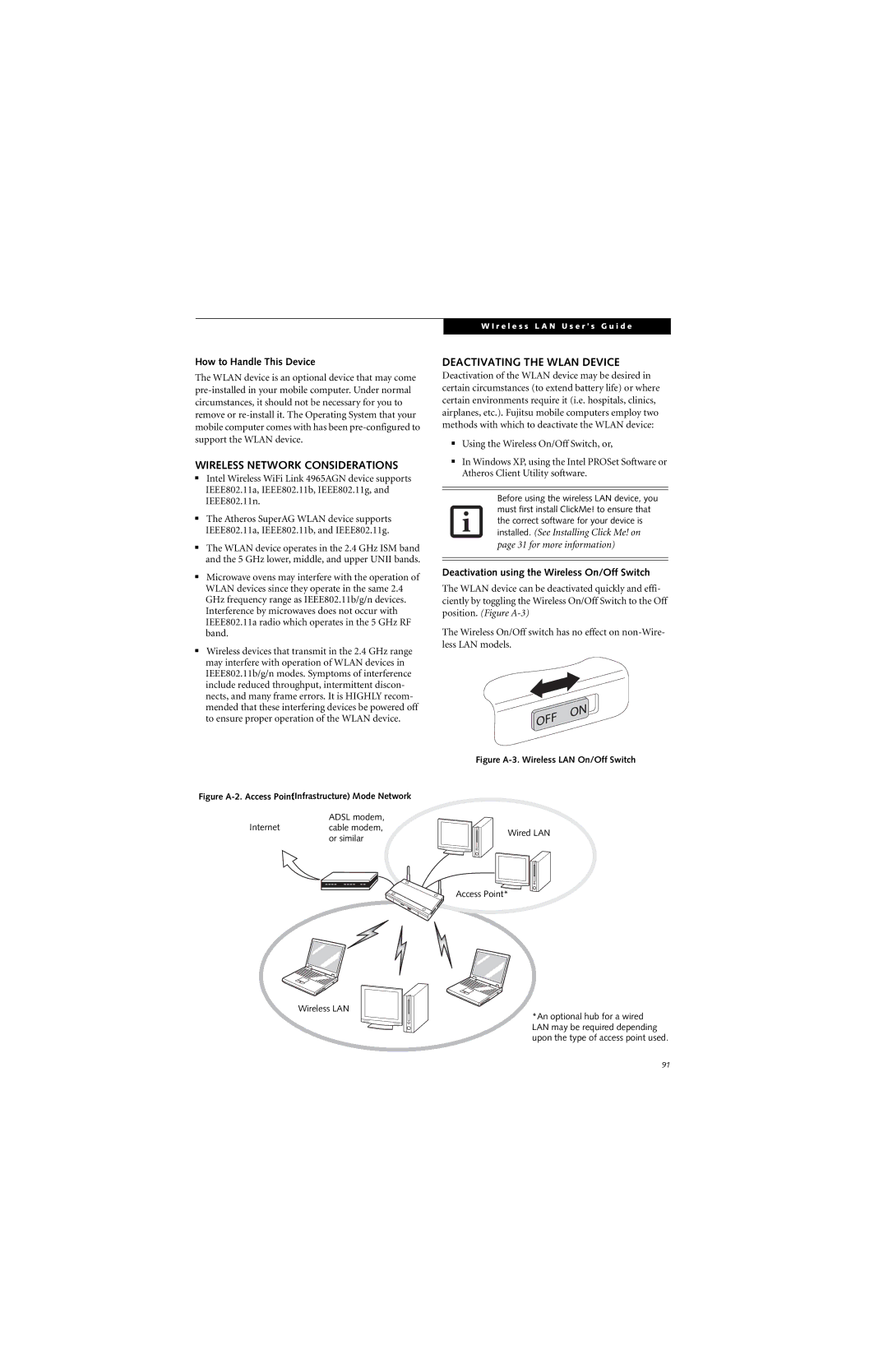 Fujitsu S7210 manual Wireless Network Considerations, Deactivating the Wlan Device, How to Handle This Device 