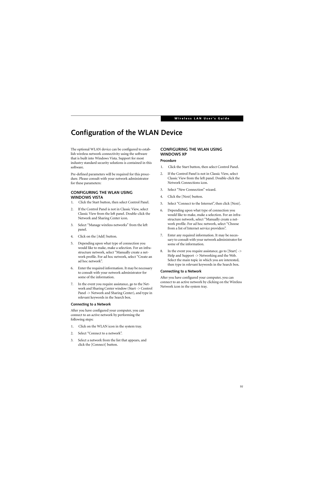 Fujitsu S7210 manual Configuration of the Wlan Device, Configuring the Wlan Using Windows Vista 