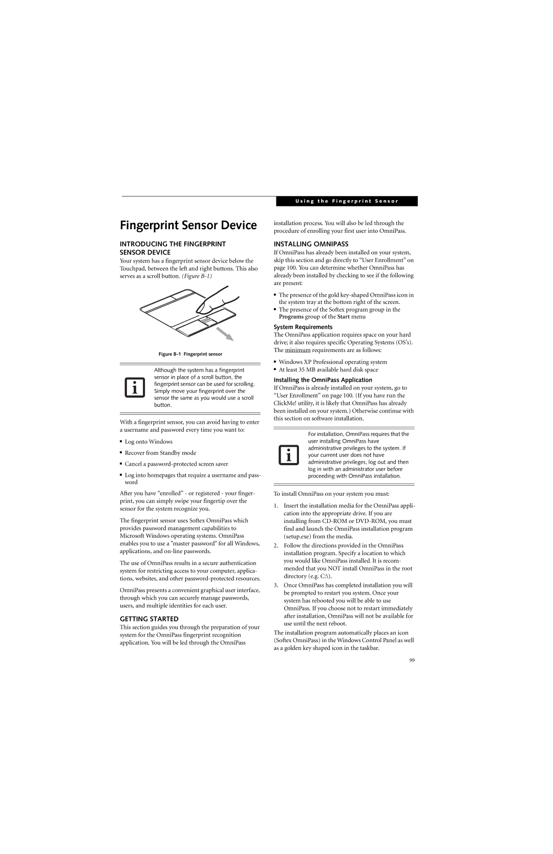 Fujitsu S7210 manual Introducing the Fingerprint Sensor Device, Getting Started, Installing Omnipass, System Requirements 