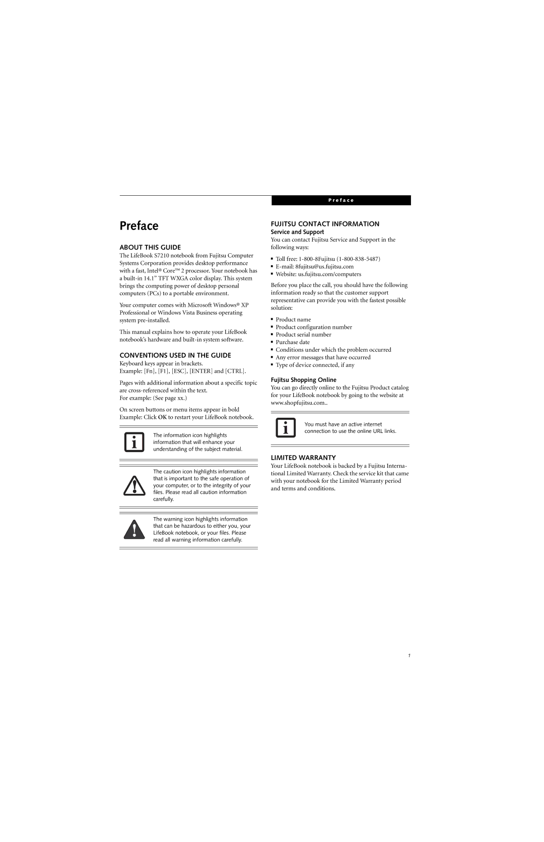 Fujitsu S7210 Preface, About this Guide, Conventions Used in the Guide, Fujitsu Contact Information, Limited Warranty 