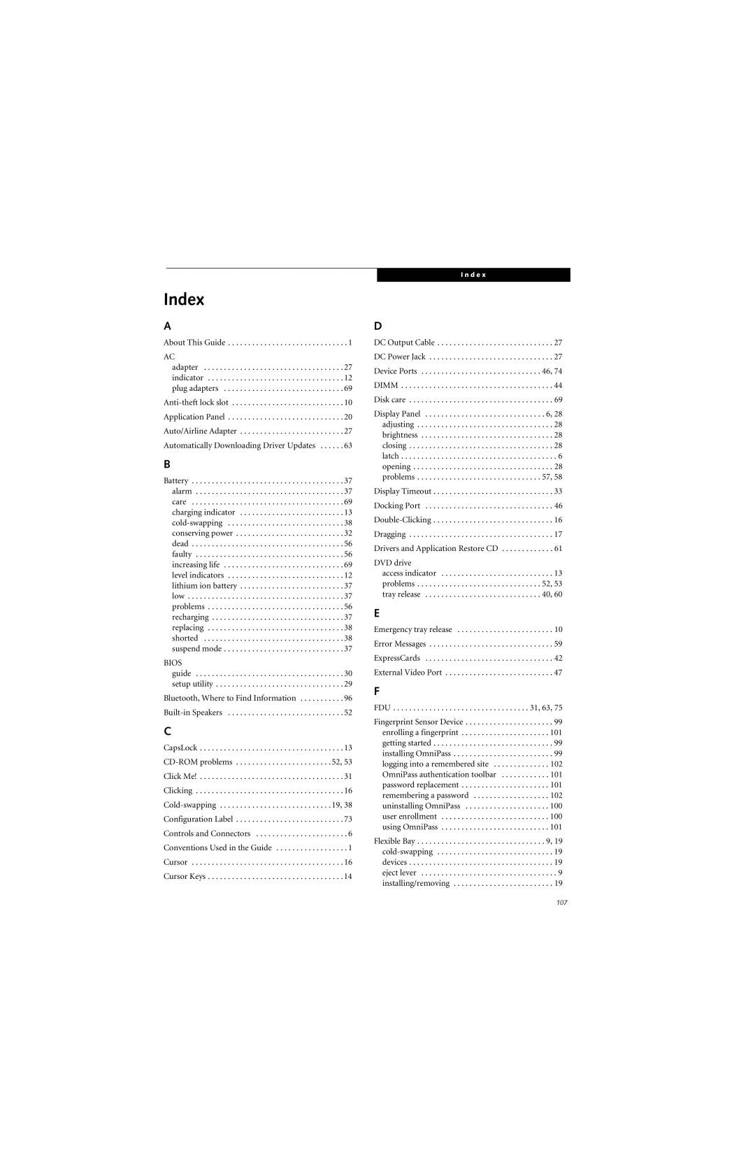 Fujitsu S7210 manual Index, Bios 