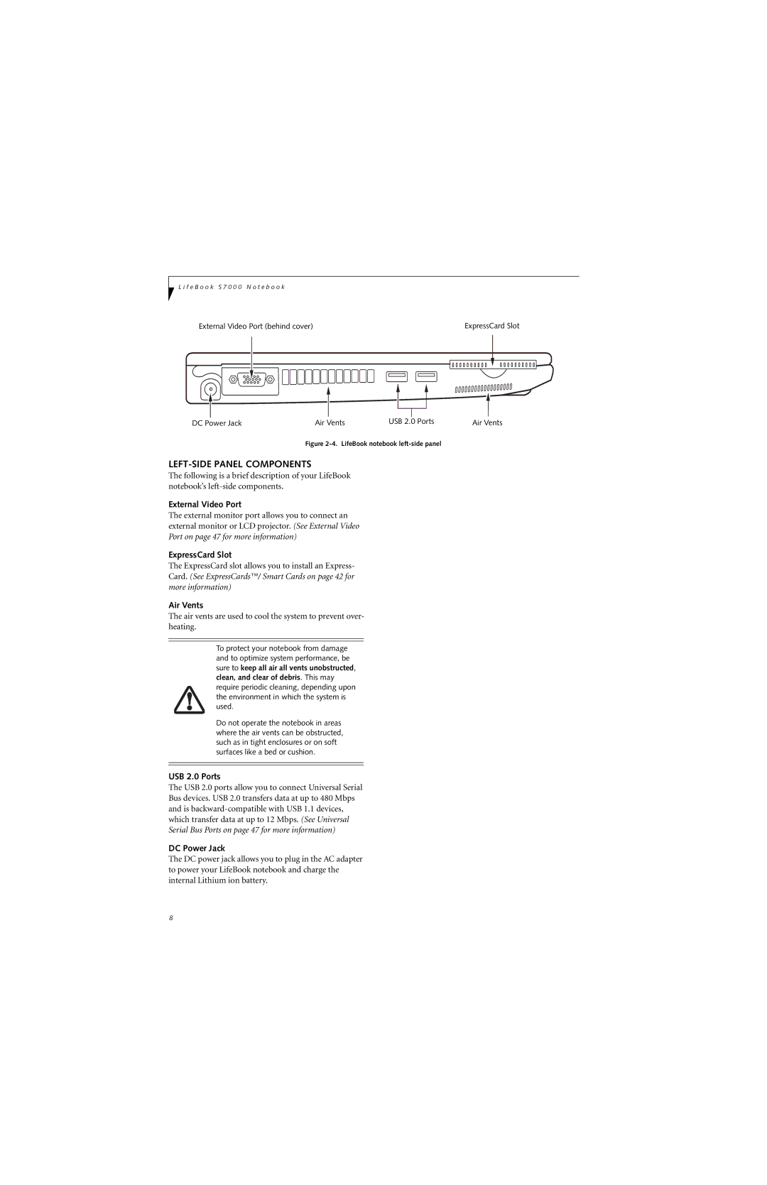 Fujitsu S7210 manual LEFT-SIDE Panel Components, External Video Port, ExpressCard Slot, USB 2.0 Ports, DC Power Jack 