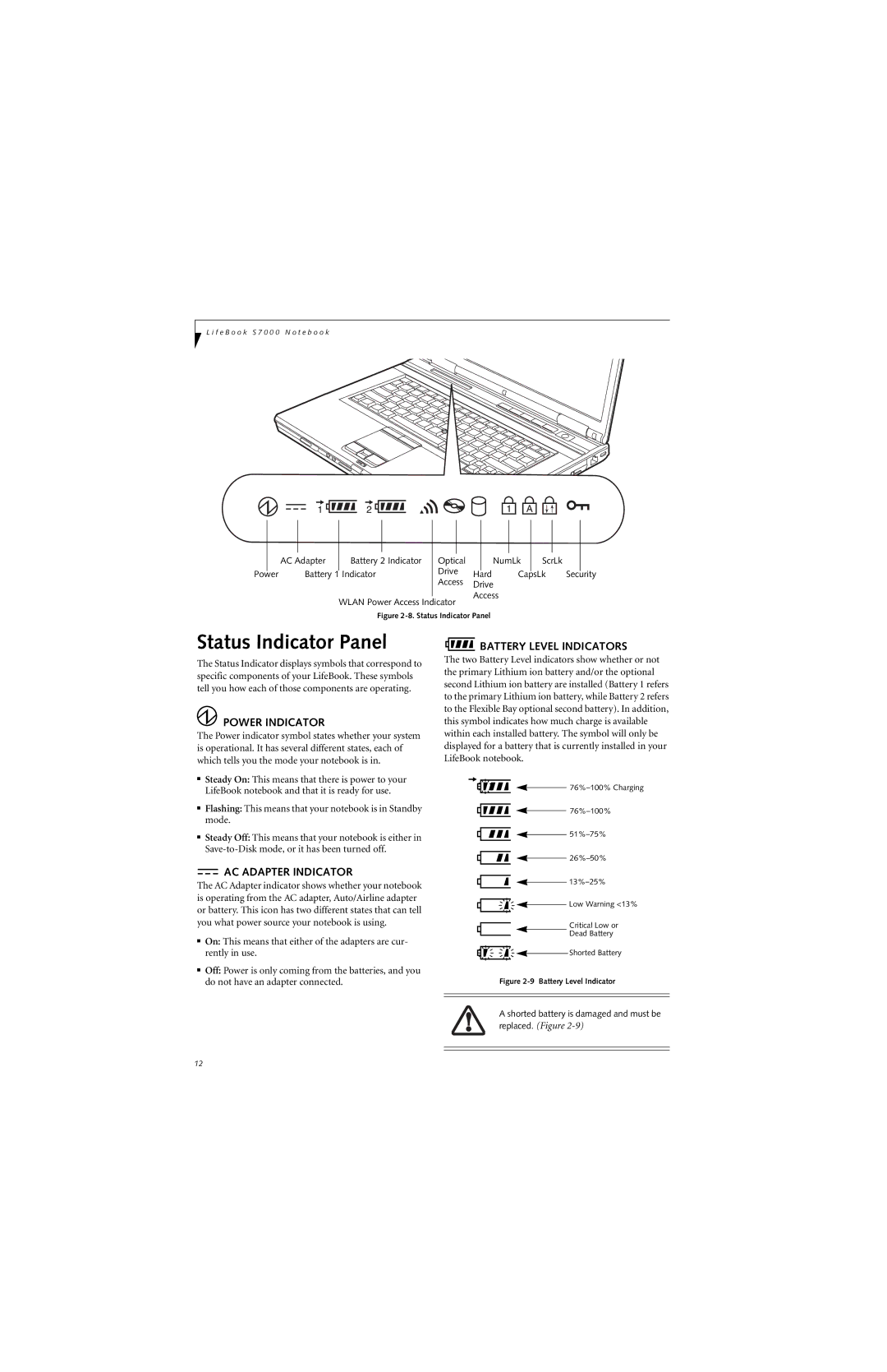 Fujitsu S7210 manual Status Indicator Panel, Power Indicator, Battery Level Indicators, AC Adapter Indicator 