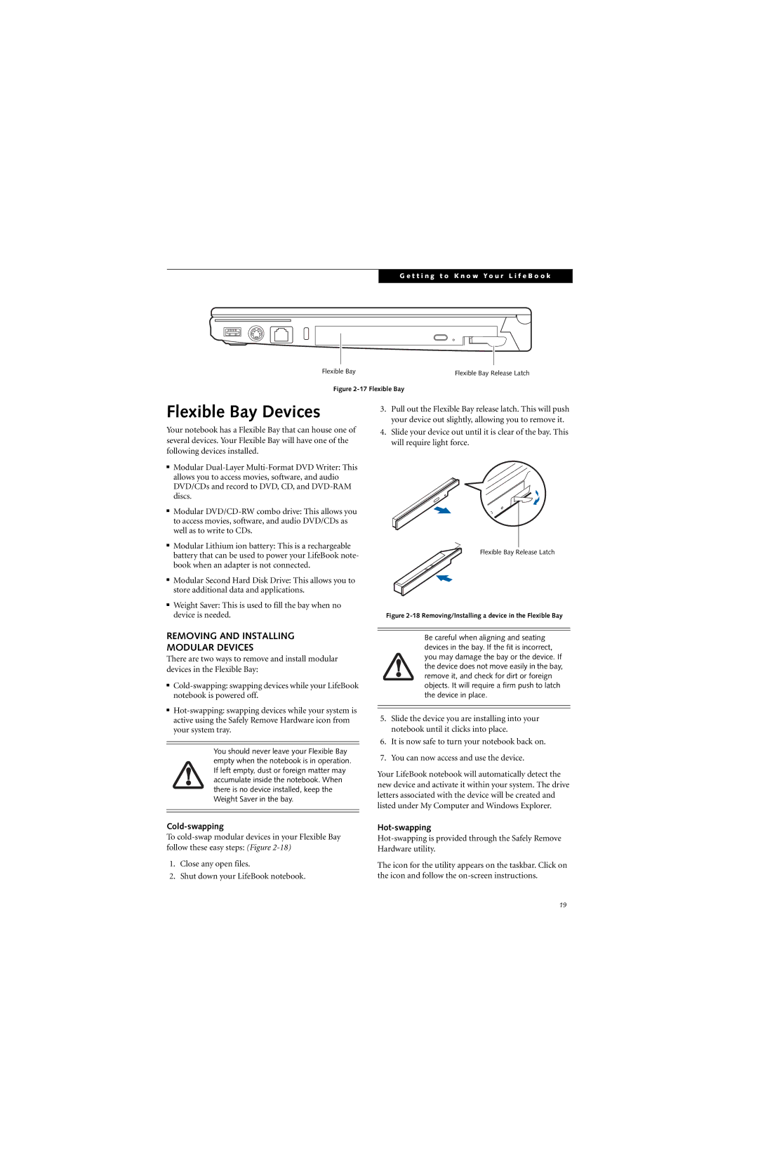 Fujitsu S7210 manual Flexible Bay Devices, Removing and Installing Modular Devices, Cold-swapping, Hot-swapping 