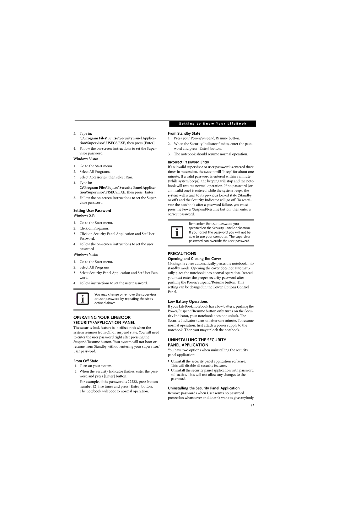 Fujitsu S7210 Operating Your Lifebook SECURITY/APPLICATION Panel, Precautions, Uninstalling the Security Panel Application 