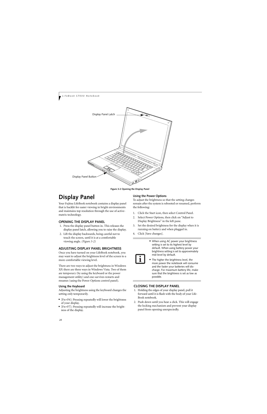 Fujitsu S7210 manual Opening the Display Panel, Adjusting Display Panel Brightness, Closing the Display Panel 