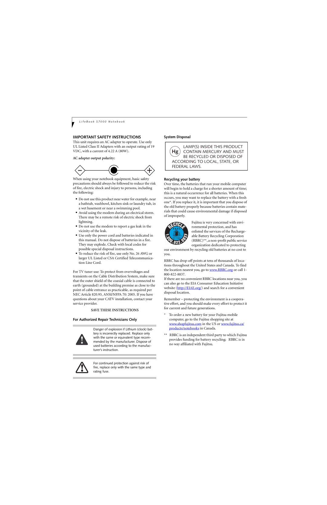 Fujitsu S7210 manual Important Safety Instructions, AC adapter output polarity, For Authorized Repair Technicians Only 