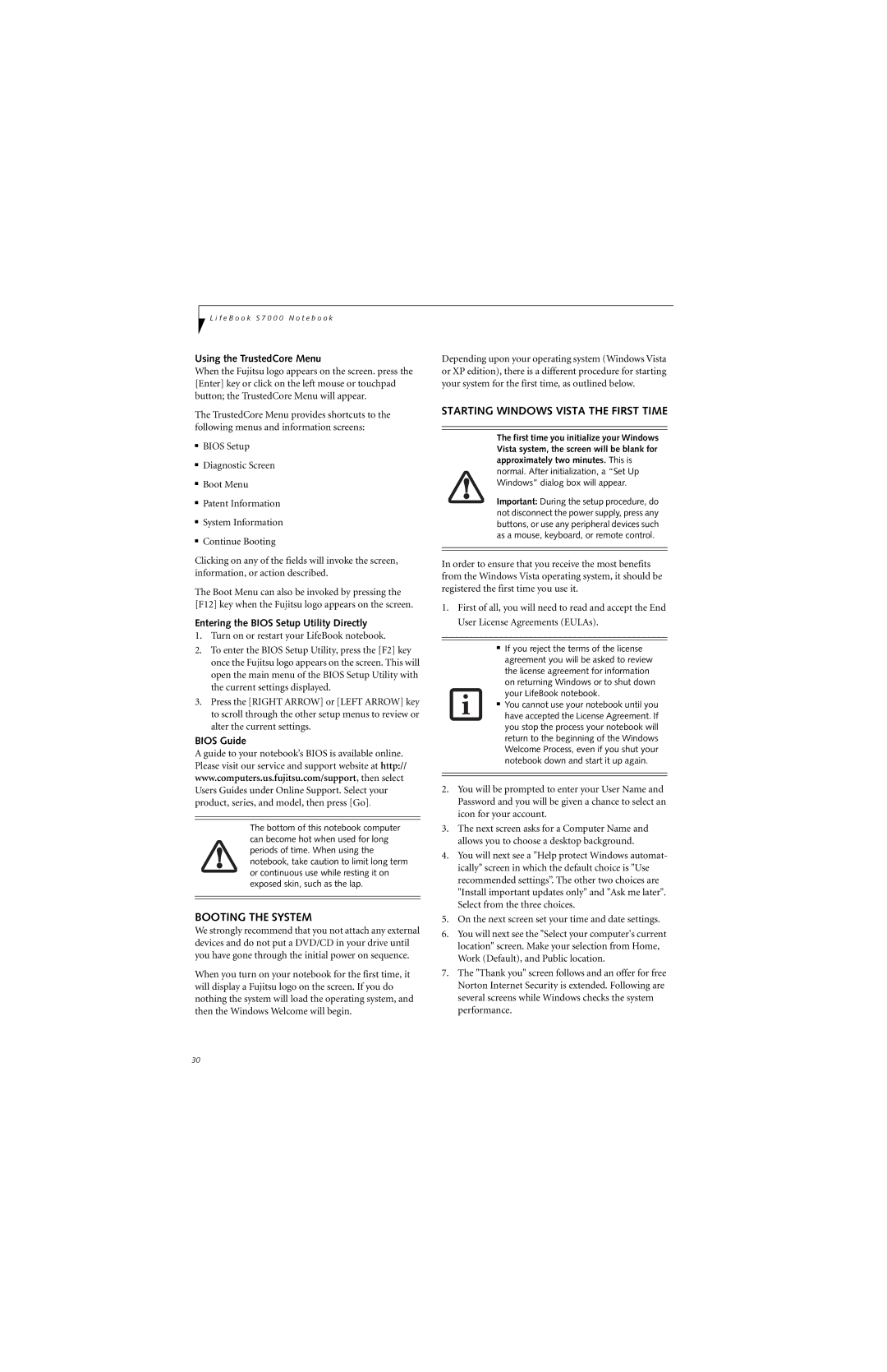 Fujitsu S7210 manual Booting the System, Starting Windows Vista the First Time, Using the TrustedCore Menu, Bios Guide 