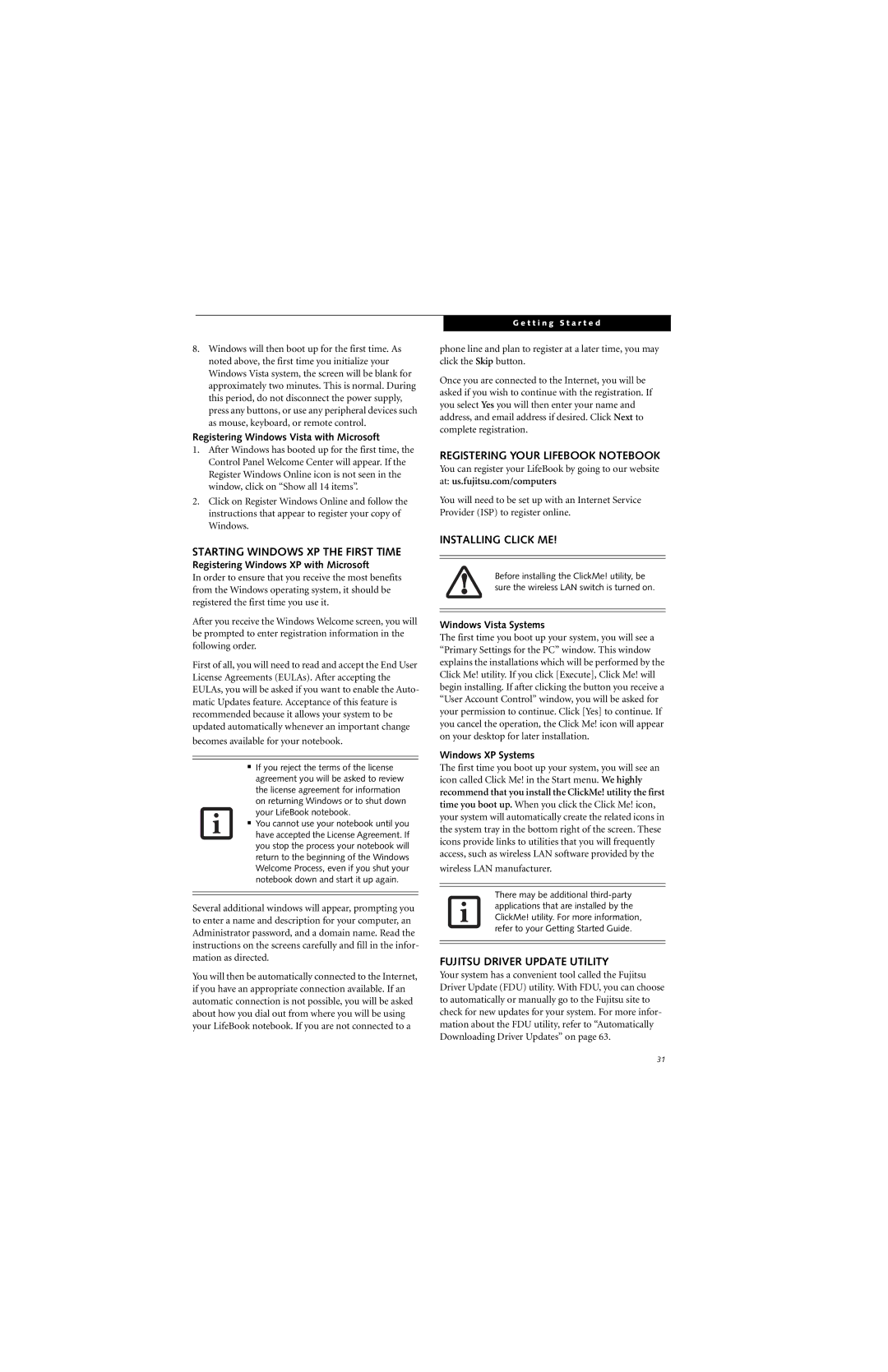 Fujitsu S7210 manual Starting Windows XP the First Time, Registering Your Lifebook Notebook, Installing Click ME 