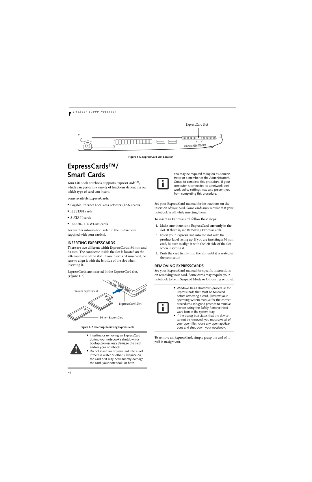 Fujitsu S7210 manual ExpressCards Smart Cards, Inserting Expresscards, Removing Expresscards 