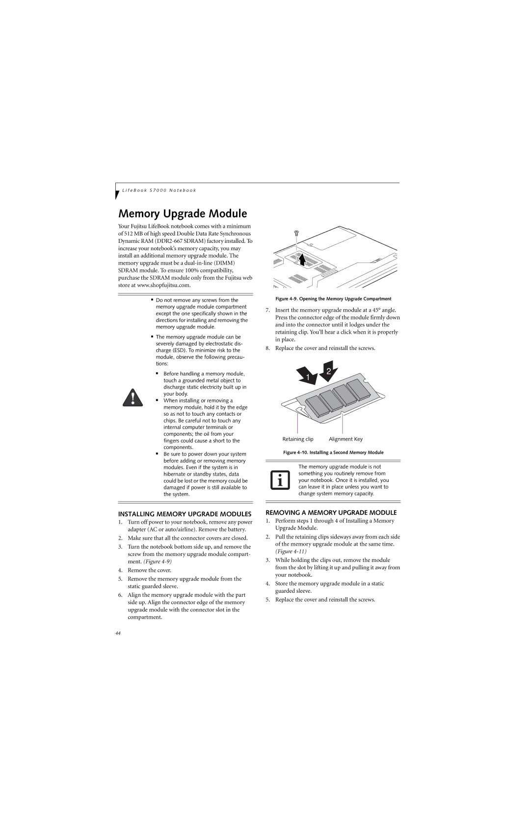 Fujitsu S7210 manual Installing Memory Upgrade Modules, Removing a Memory Upgrade Module 