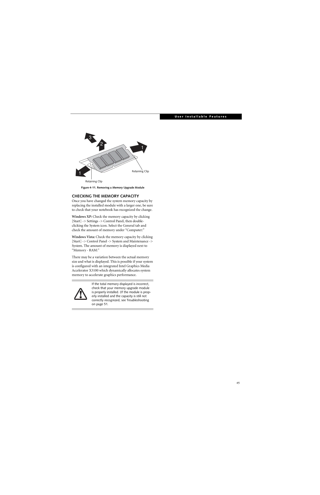 Fujitsu S7210 manual Checking the Memory Capacity, Removing a Memory Upgrade Module 